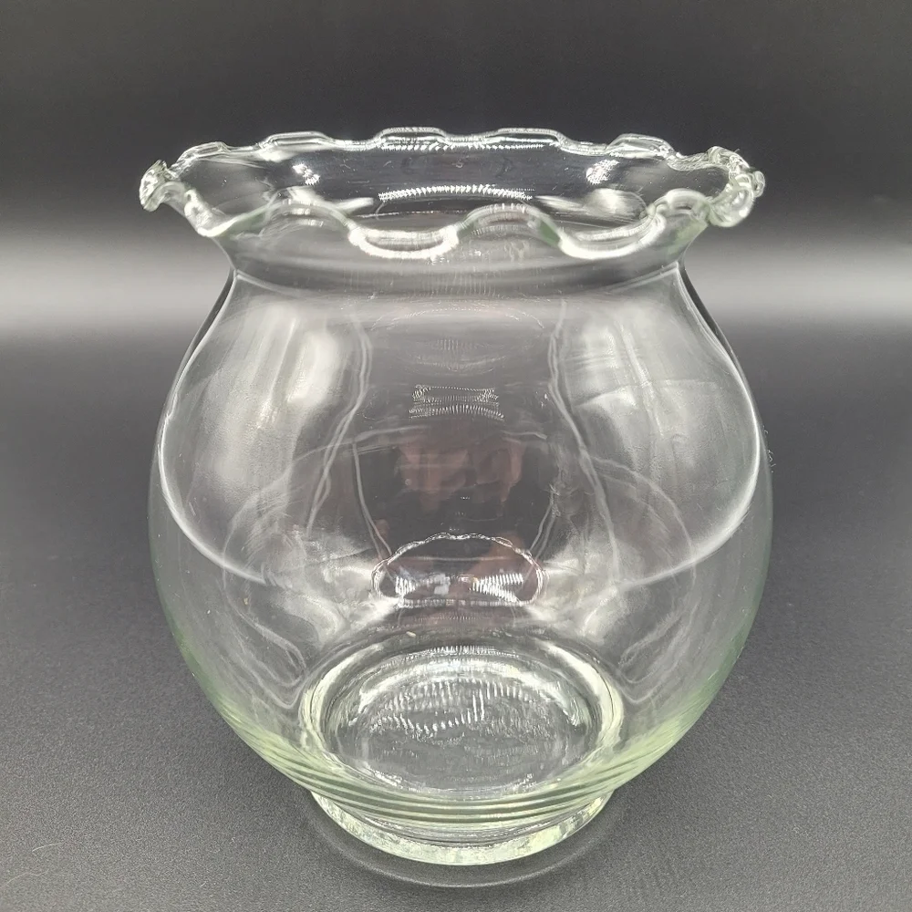 Vintage Indiana Clear Glass Ruffle Top & Ribbed Swirl Clear Glass Rose Bowl Vase